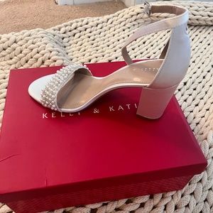 Wedding heels, 7.5 silver satin with pearls. Ankle strap open toed heels.